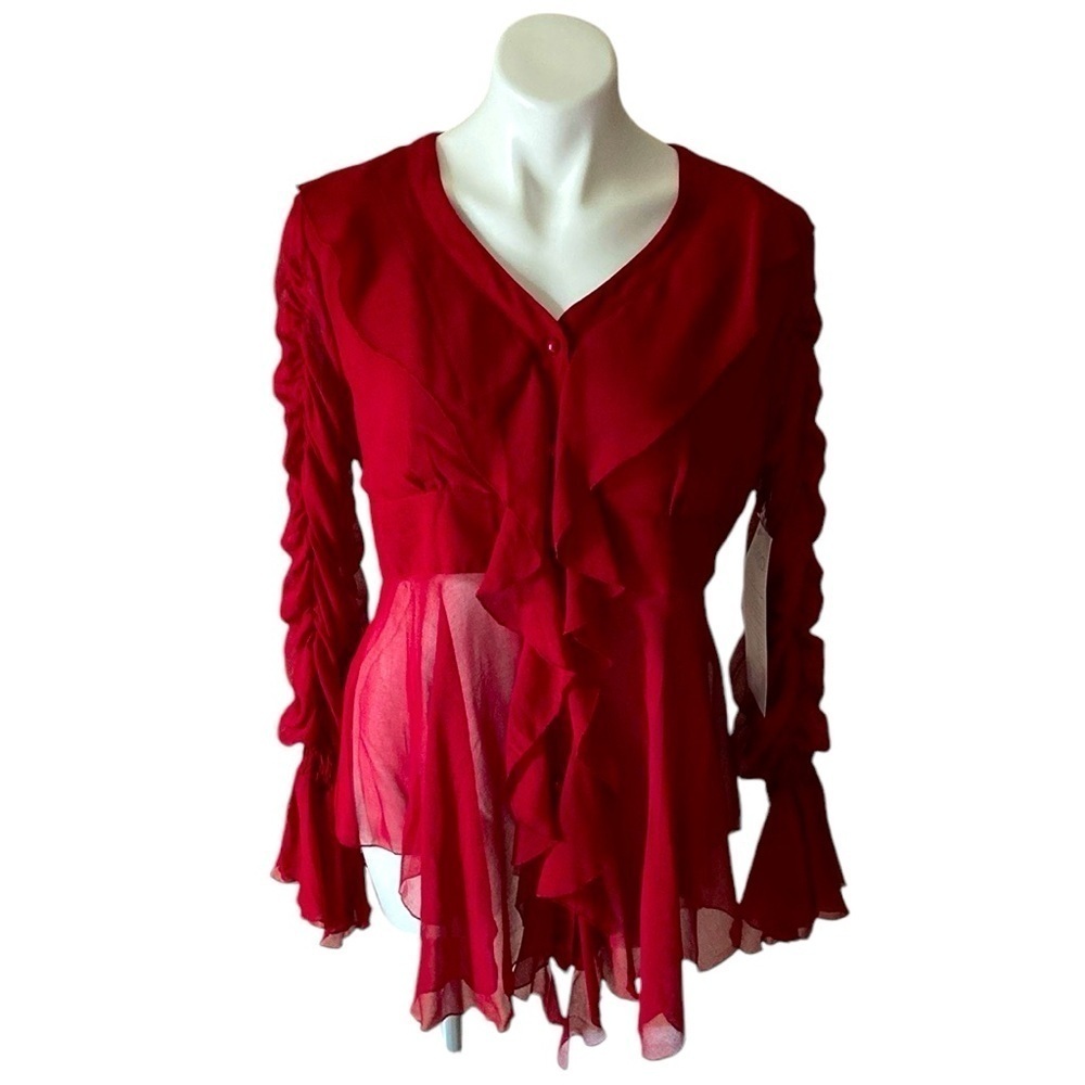 Ashro Women’s Sheer Red Ruffle Tunic Blouse With Shirred Bell Sleeves Size 12